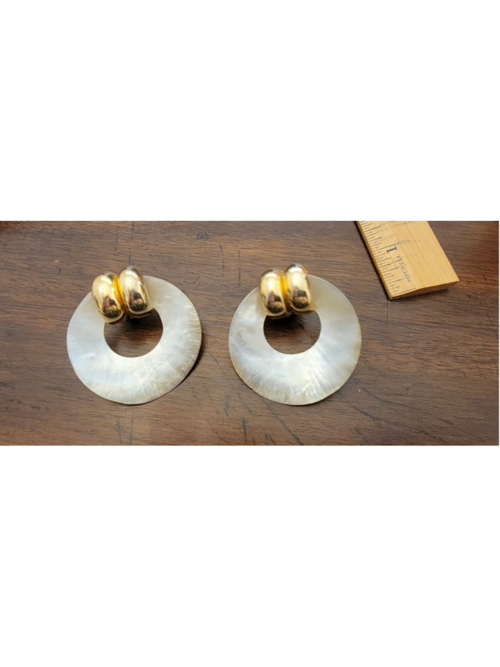 Vintage Oversized White Shell Lucite Gold Tone Clip On Door Knocker Earrings